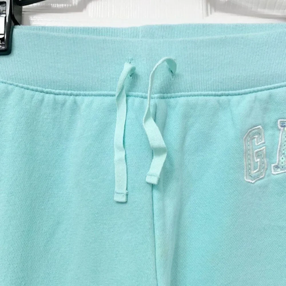 2/$20! Gap Girls Logo Fleece Sweatpant Cropped Aqua Arch Sequined Size XXL 12-14